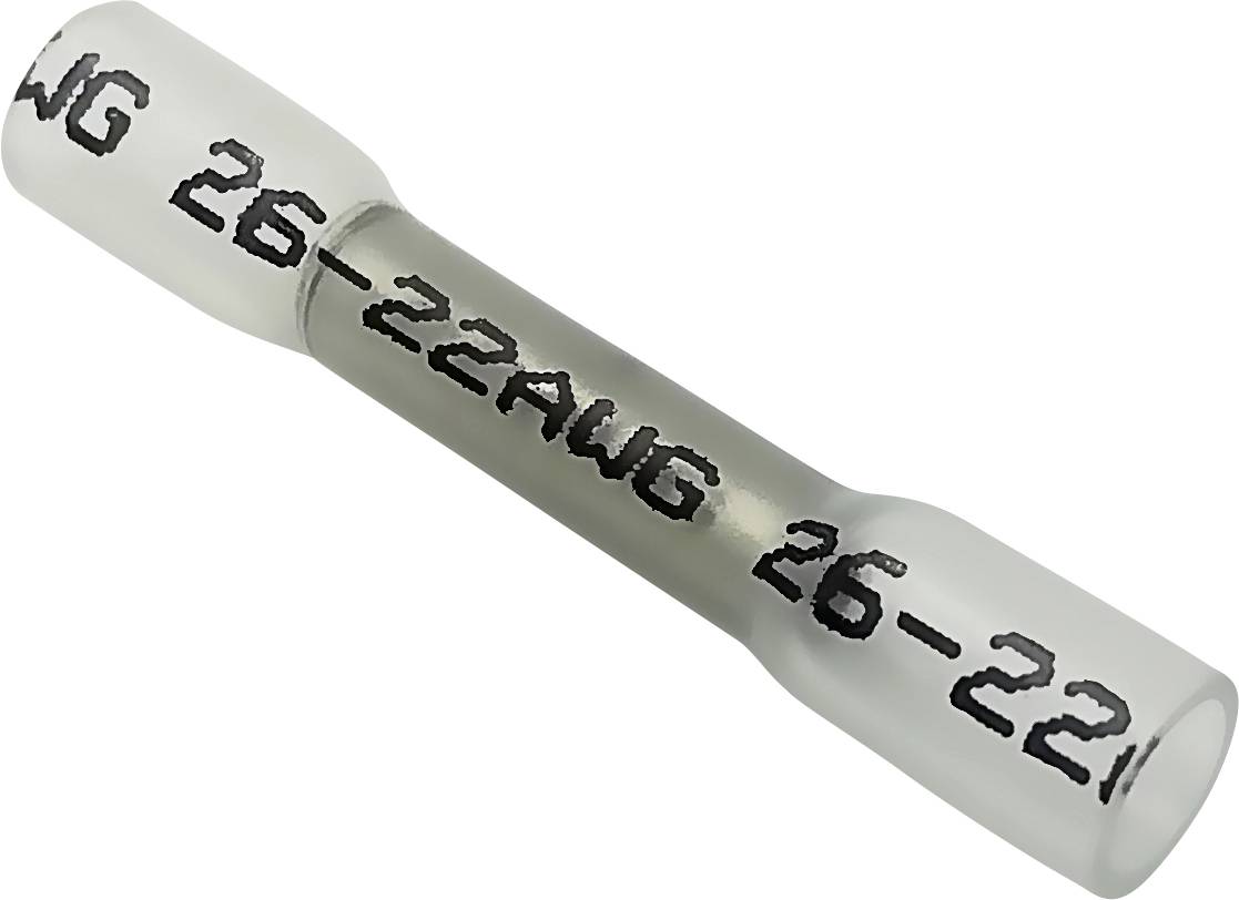 Krimpovací konektor trubkového tvaru, označený '26-22 AWG', používaný pro propojování kabelů v elektrických aplikacích.
