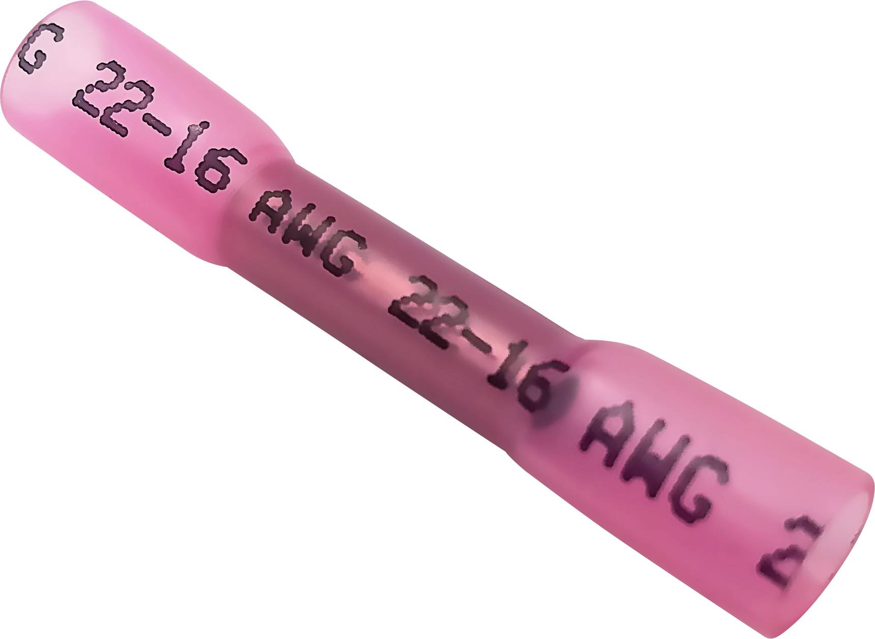 Růžový izolovaný kabelový konektor s nápisem '22-16 AWG'. Vhodný pro velikosti kabelů mezi 22 a 16 AWG.