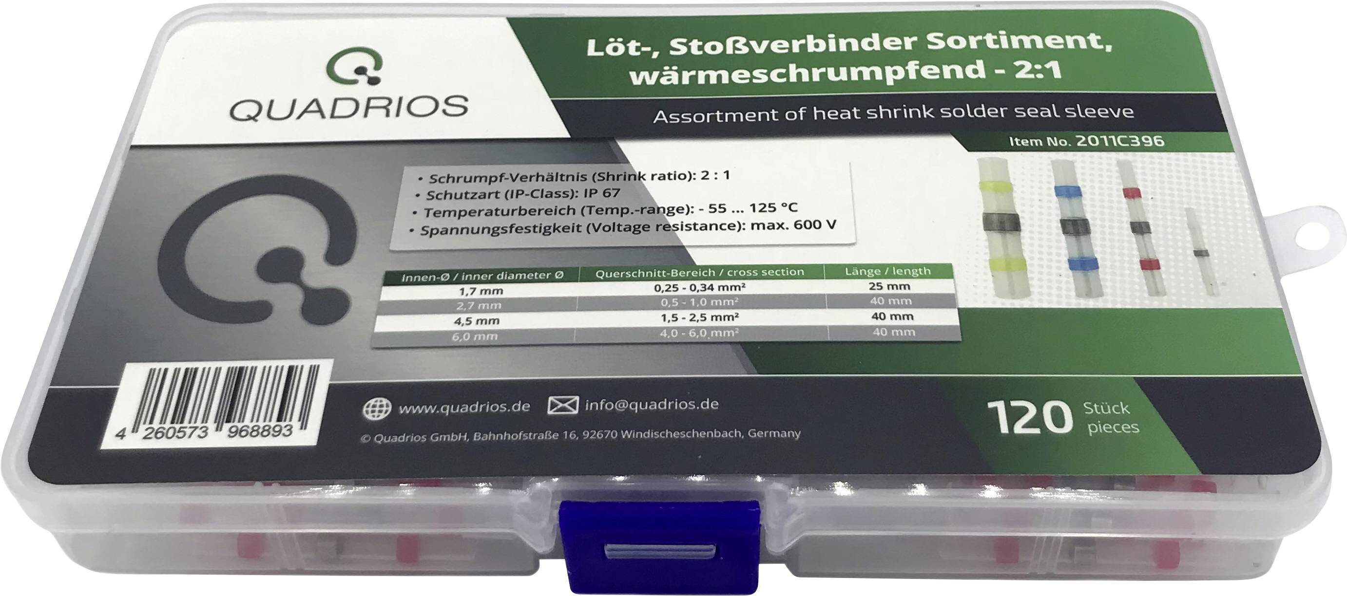 Sortiment smršťovacích spojovacích konektorů 'Quadrios', poměr smrštění 2:1, obsahuje 120 kusů. Teplotní rozsah -55 až 125°C, max. 600 V.