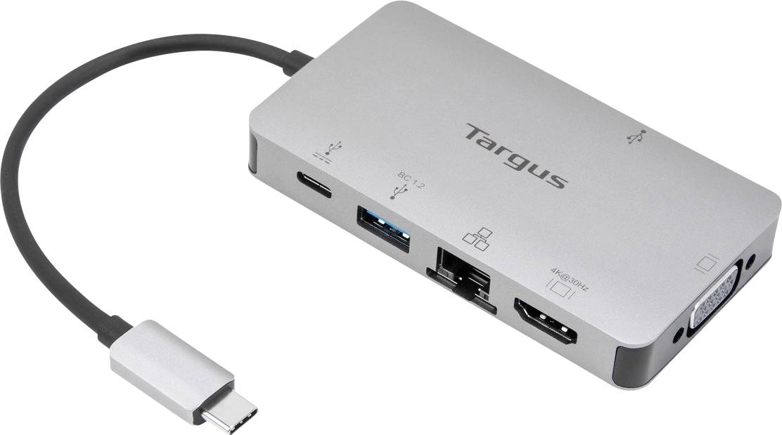 USB-C hub s několika porty, včetně HDMI, VGA, Ethernetu, USB a čtečky SD karet. Vhodný pro rozšířené připojení.