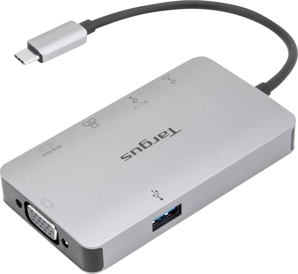 USB-C hub s více porty, včetně VGA, HDMI a USB, od značky Targus. Ideální pro připojení laptopů.