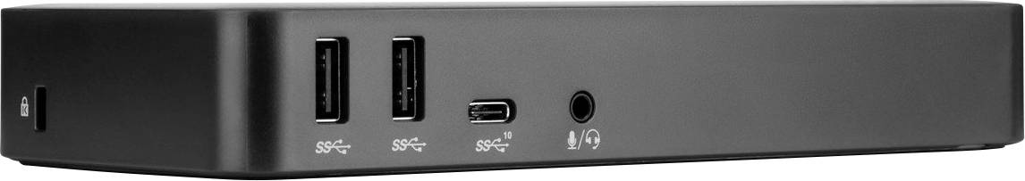 Černá dokovací stanice se dvěma porty USB 3.0, jedním portem USB-C a audiokonektorem na přední straně.