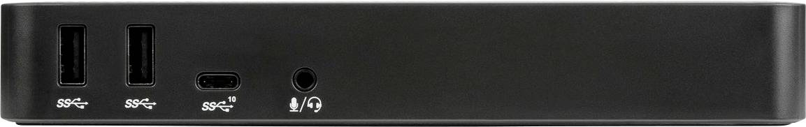 Černý počítačový rozbočovač se dvěma USB porty, jedním USB-C portem a konektorem pro sluchátka na přední straně.