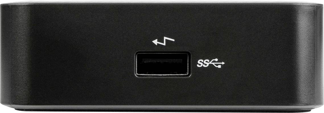 Černá elektronická krabice s USB konektorem na přední straně, označená symboly Thunderbolt a USB SuperSpeed.