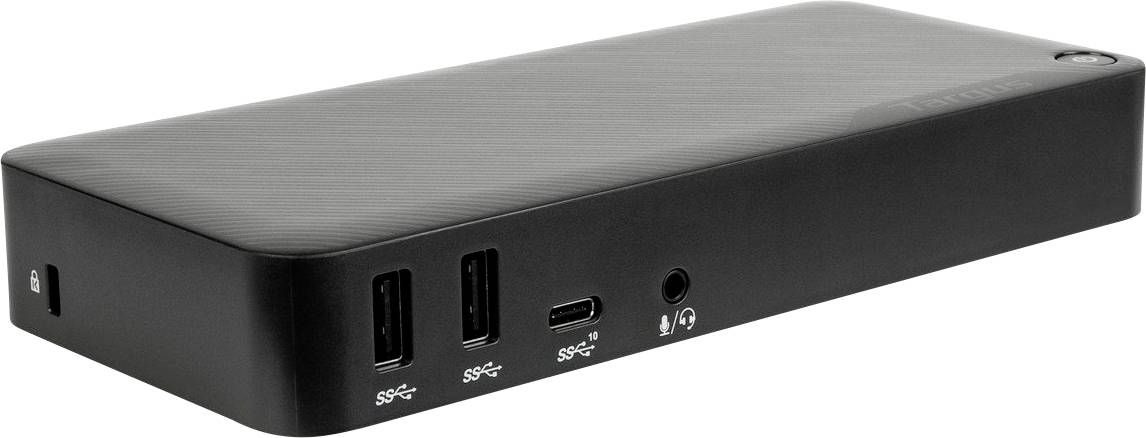 Černá dokovací stanice se dvěma porty USB 3.0, jedním portem USB-C a audiokonektorem na přední straně.