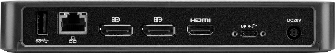 Zadní strana elektronického zařízení s různými konektory: USB, Ethernet, dva DisplayPorty, HDMI a napájecí konektor.