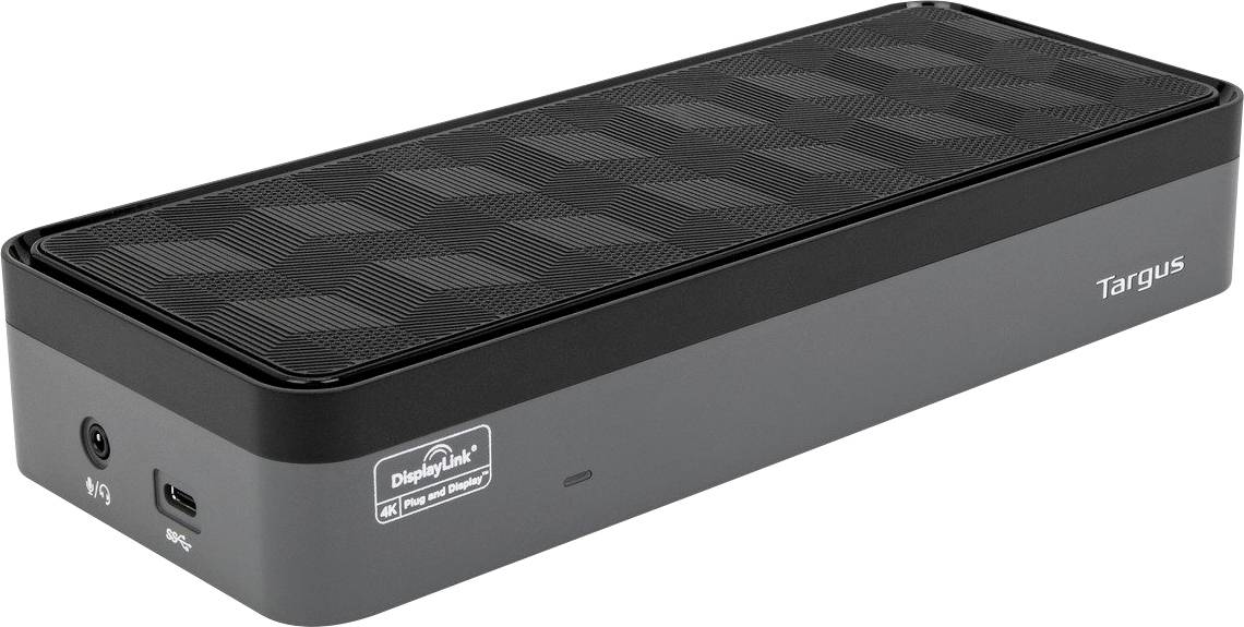 Dokovací stanice Targus s technologií DisplayLink, obdélníkového tvaru, černošedé barvy, s viditelnými USB a audio porty.