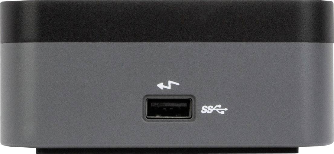 USB port na přední straně šedého zařízení, opatřený symboly pro přenos dat a USB standardy.