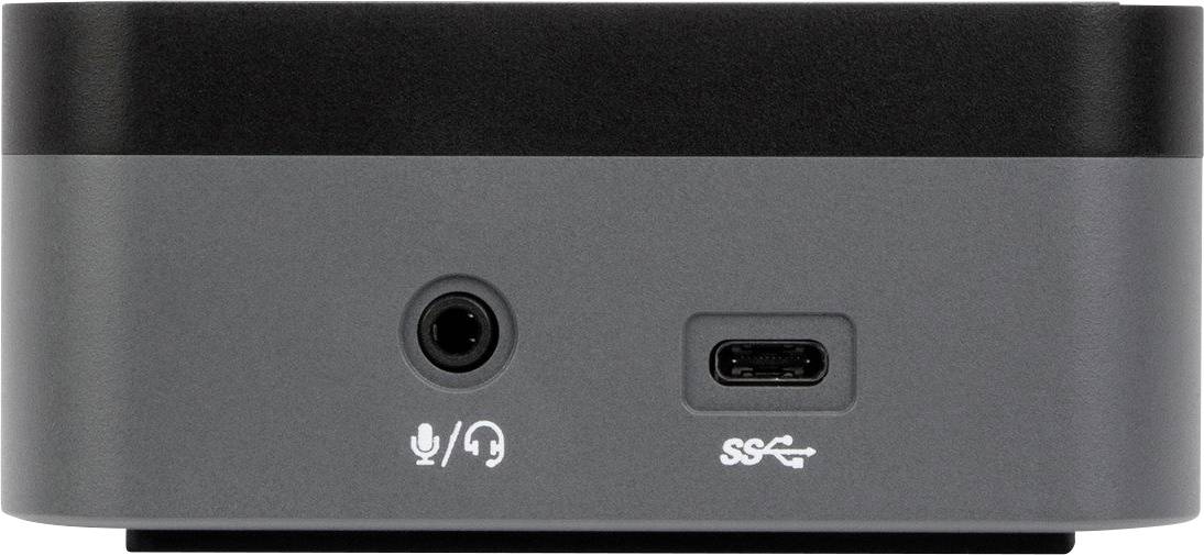 Kompaktní počítač s mikrofonním/sluchátkový vstupem a USB-C portem na přední straně.