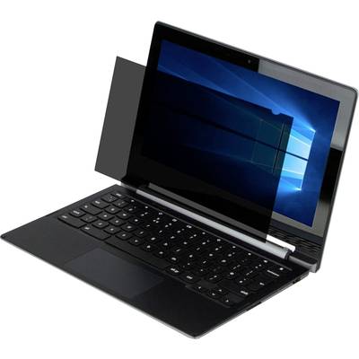 Notebook v šikmém pohledu zobrazuje úvodní obrazovku systému Windows. Ochranný filtr snižuje boční průhlednost displeje.