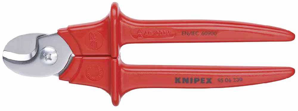 Červené štípací kleště na kabely s ergonomickými rukojeťmi, vhodné pro stříhání drátů a kabelů. Značka 'KNIPEX' viditelná na rukojeti.