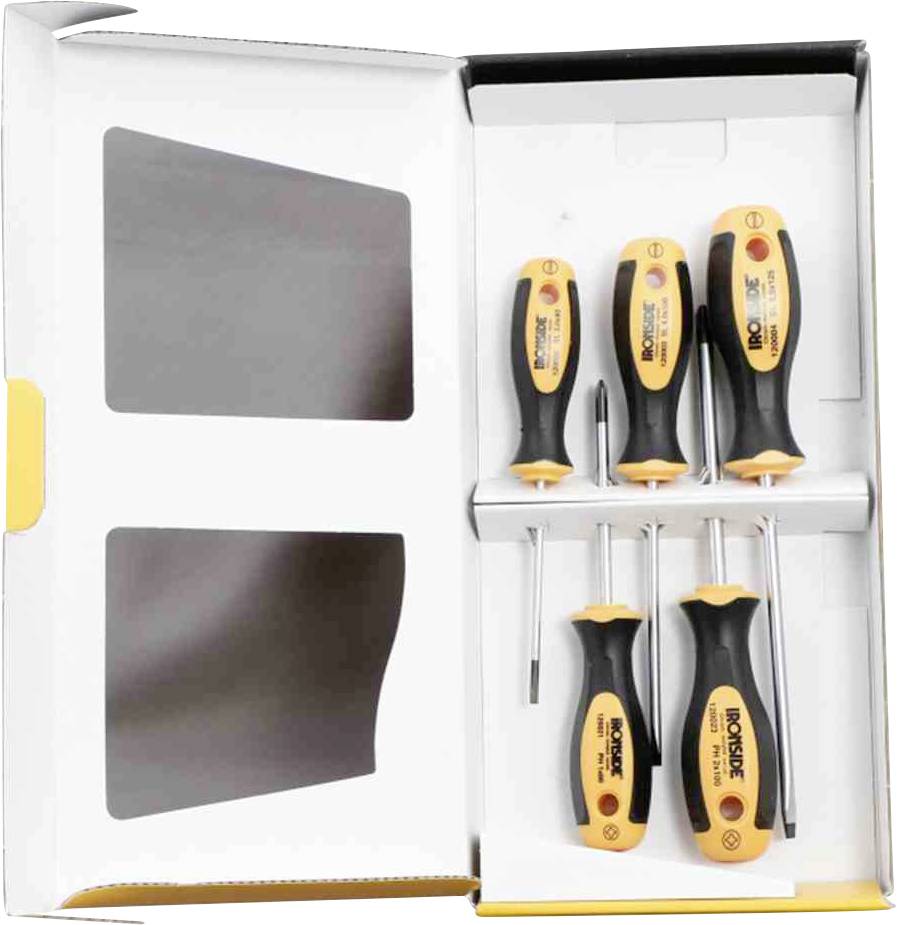 Sada pěti šroubováků v otevřeném obalu, skládající se ze tří středních a dvou menších, každý s černou rukojetí a žlutými detaily.