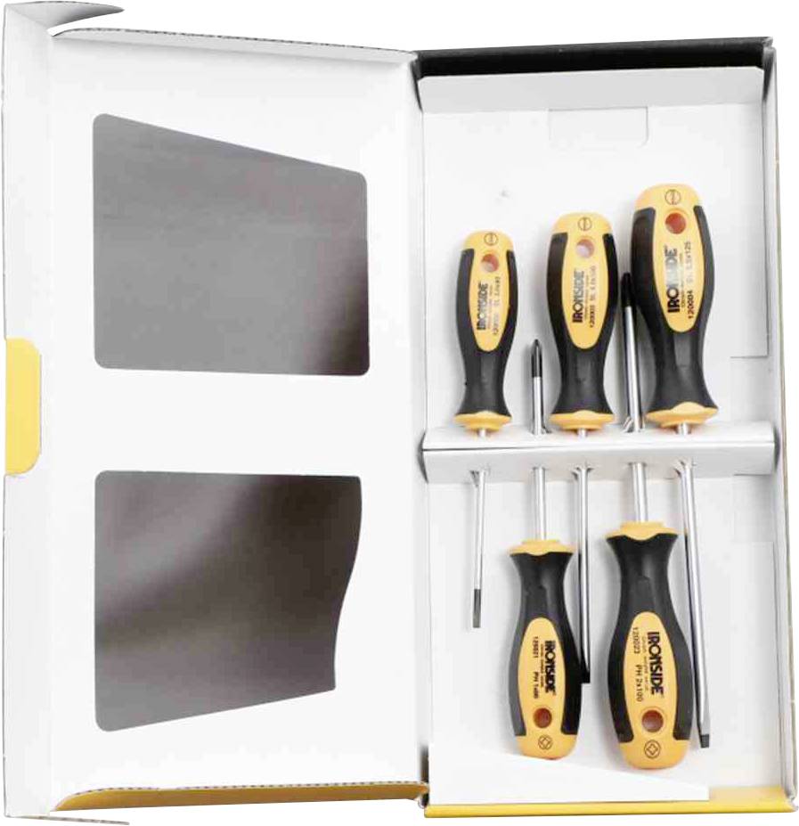 Šestidílná sada šroubováků v otevřeném balení, uspořádaná do strany: čtyři plochých a dva křížových šroubováků.