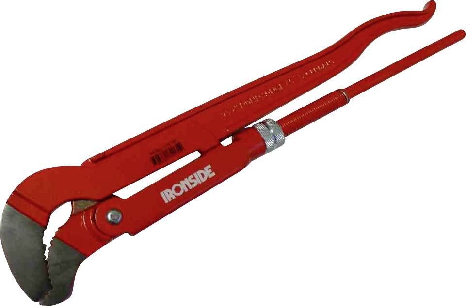 Červené instalatérské kleště s nápisem 'IRONSIDE', vhodné prouchopení a otáčení trubek a fitinek.