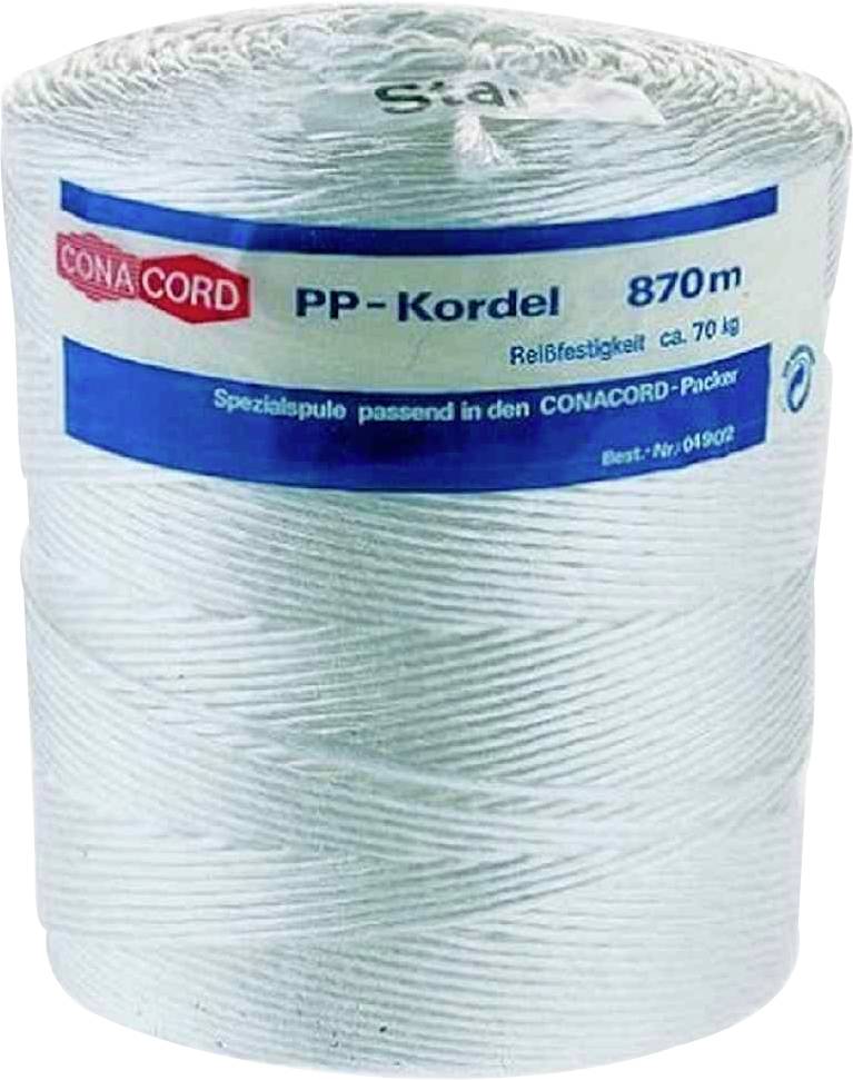 Role s bílou PP šňůrou, délka 870 m, pevnost v tahu cca 70 kg. Etiketa: 'CONACORD', vhodná pro CONACORD-packer.