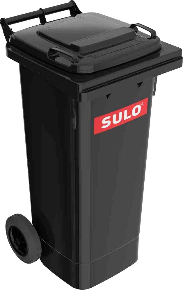 Černá popelnice s otočným víkem a dvěma koly. Na přední straně je umístěno červené logo s textem 'SULO'.
