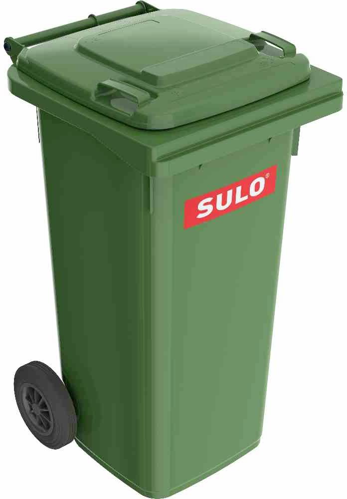 Zelená popelnice s nápisem 'SULO', na dvou kolečkách, s víkem.