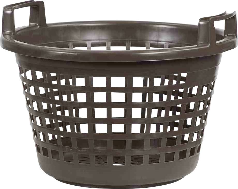 Hnědý prázdný plastový koš na prádlo s postranními úchyty a otevřeným mřížkovým designem, umístěný na bílém pozadí.