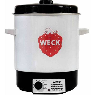 Bílý zavařovací hrnec značky 'WECK' s černým víkem a kontrolním knoflíkem. Hrnec má madla po stranách a teploměr.