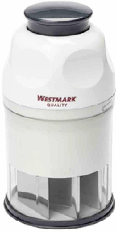 Bílý ruční kráječ zeleniny s černou rukojetí a průhlednou spodní částí, na které je nápis "Westmark Quality".