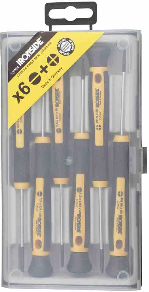 Sada šesti přesných šroubováků v průhledném plastovém obalu. Každý šroubovák je vybaven ergonomickou rukojetí.