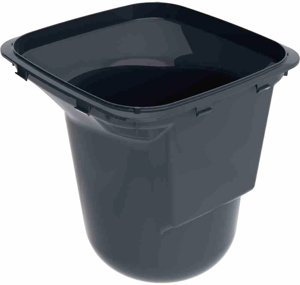 Černý obdélníkový odpadkový koš se zaoblenými rohy a zúženým designem smerem dolů.