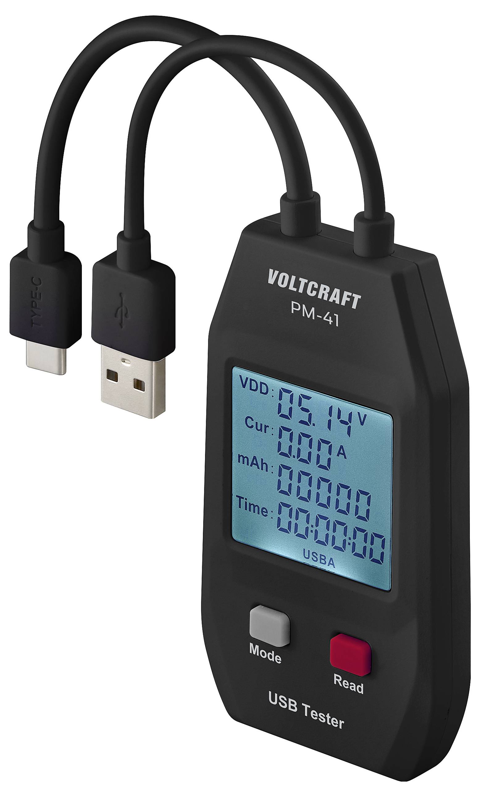 USB tester zobrazuje na digitálním displeji hodnoty napětí, proudu, kapacity a času. Jsou připojeny dva kabely.