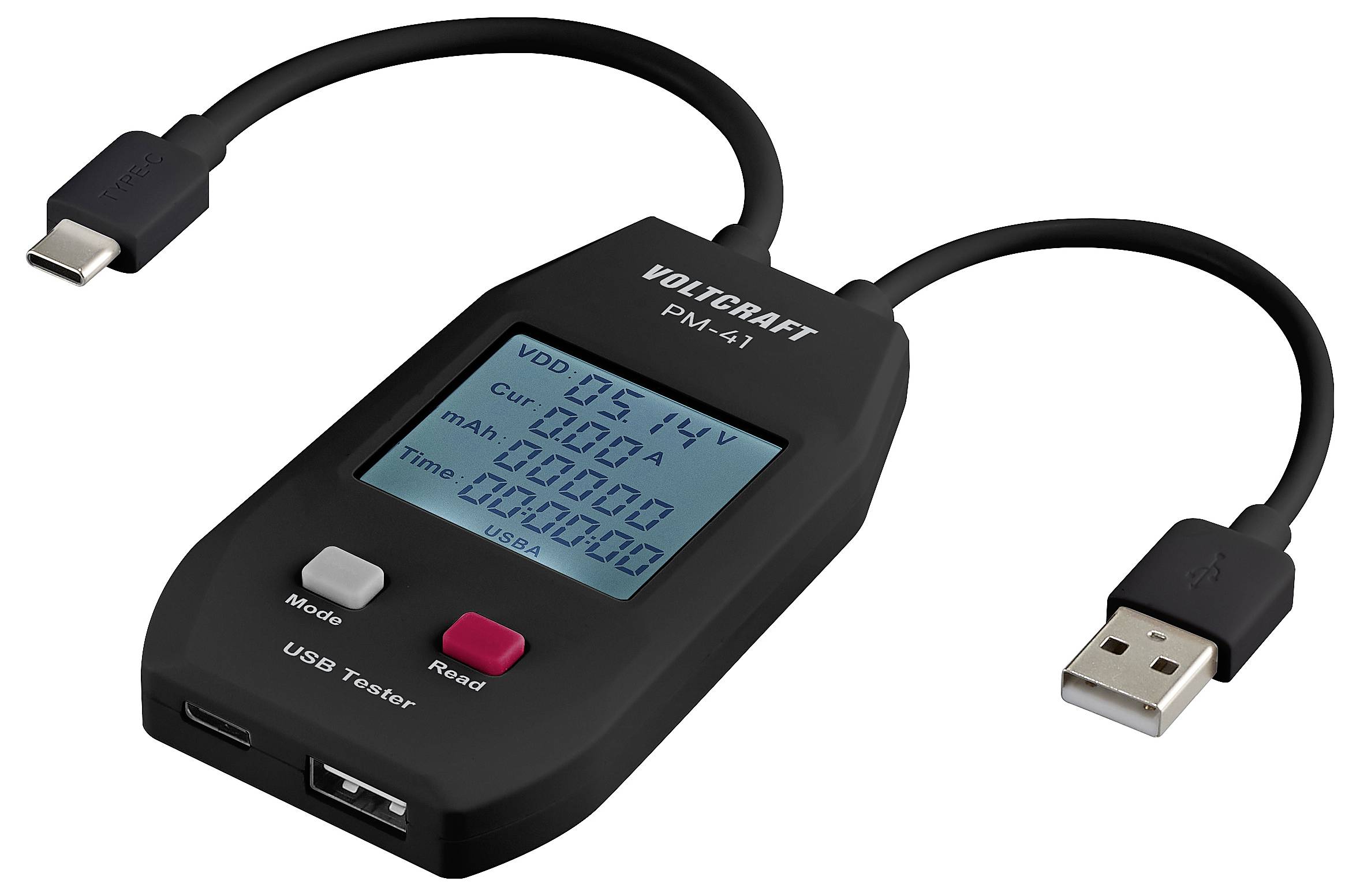 'VOLTCARFT P-MA 1 USB-Tester' zobrazuje napětí ve voltech, proud v ampérech a kapacitu v mAh na digitálním displeji. Disponuje USB-C a USB-A konektory.
