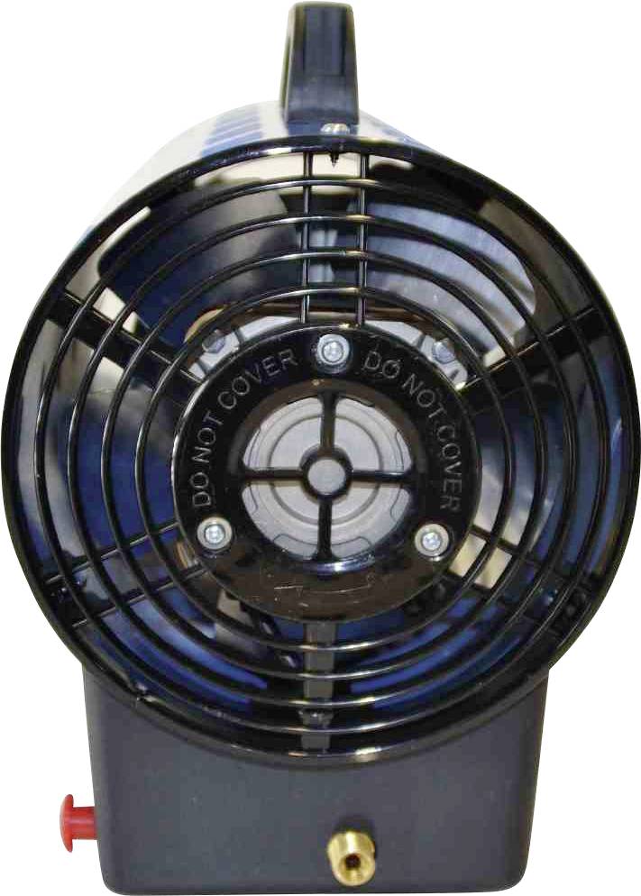 Kulatý topný prvek s ochranným krytem ventilátoru. Výstražná poznámka: 'NEZAKRÝVAT'. Pohled zepředu také ukazuje červený spínač vlevo dole.