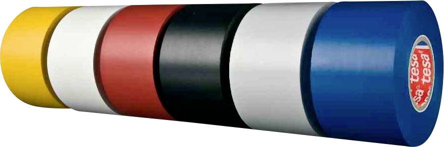 Šest rolí barevných lepicích pásek v žluté, bílé, červené, černé, šedé a modré, postavených vedle sebe.