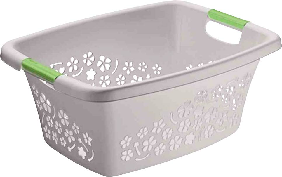 Plastový košík s výřezy ve tvaru květů a zelenými úchyty.