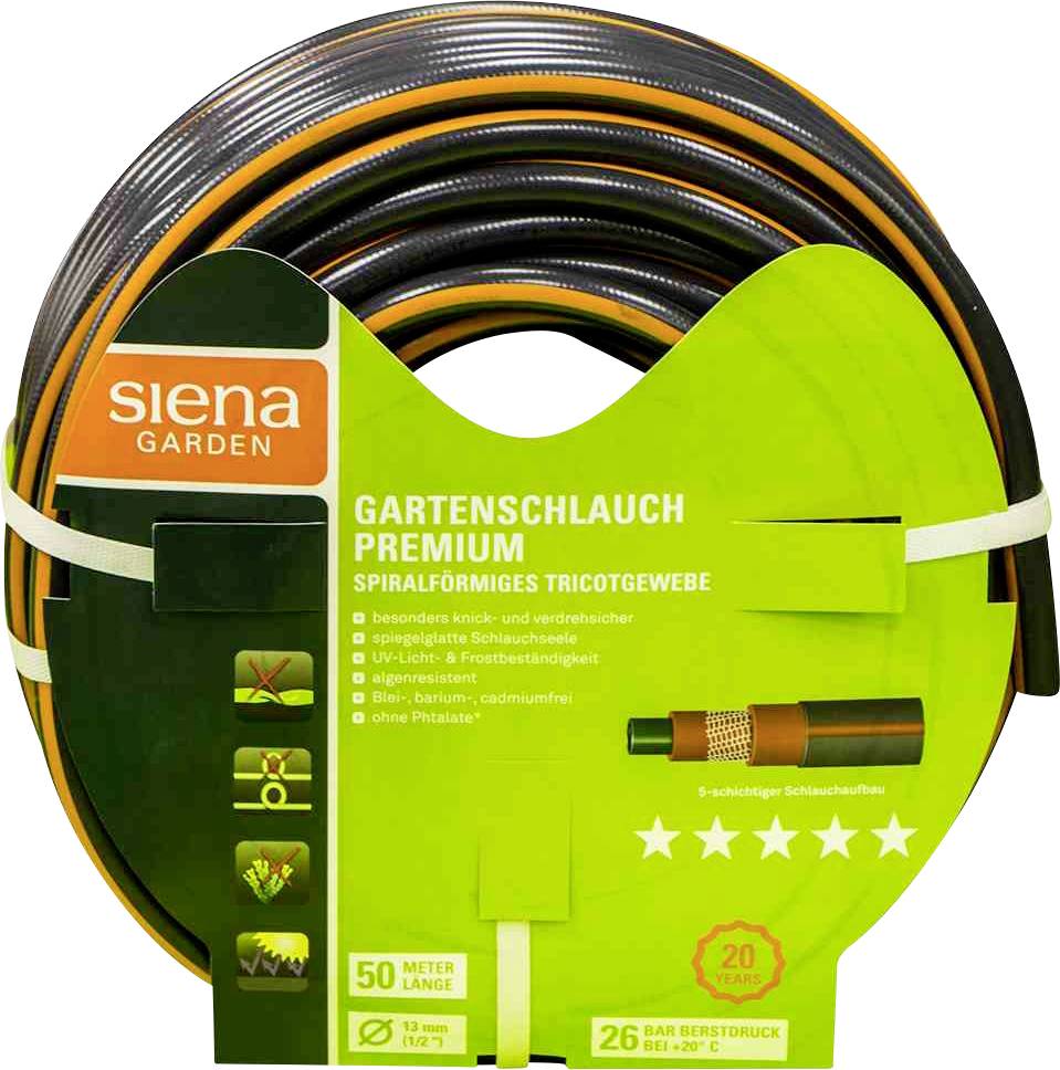 Zahradní hadice 'Siena Garden Premium', spirálovitý trikotový potah, 50 metrů dlouhá, průměr 13 mm, odolná vůči UV záření a řasám, 26 barů.