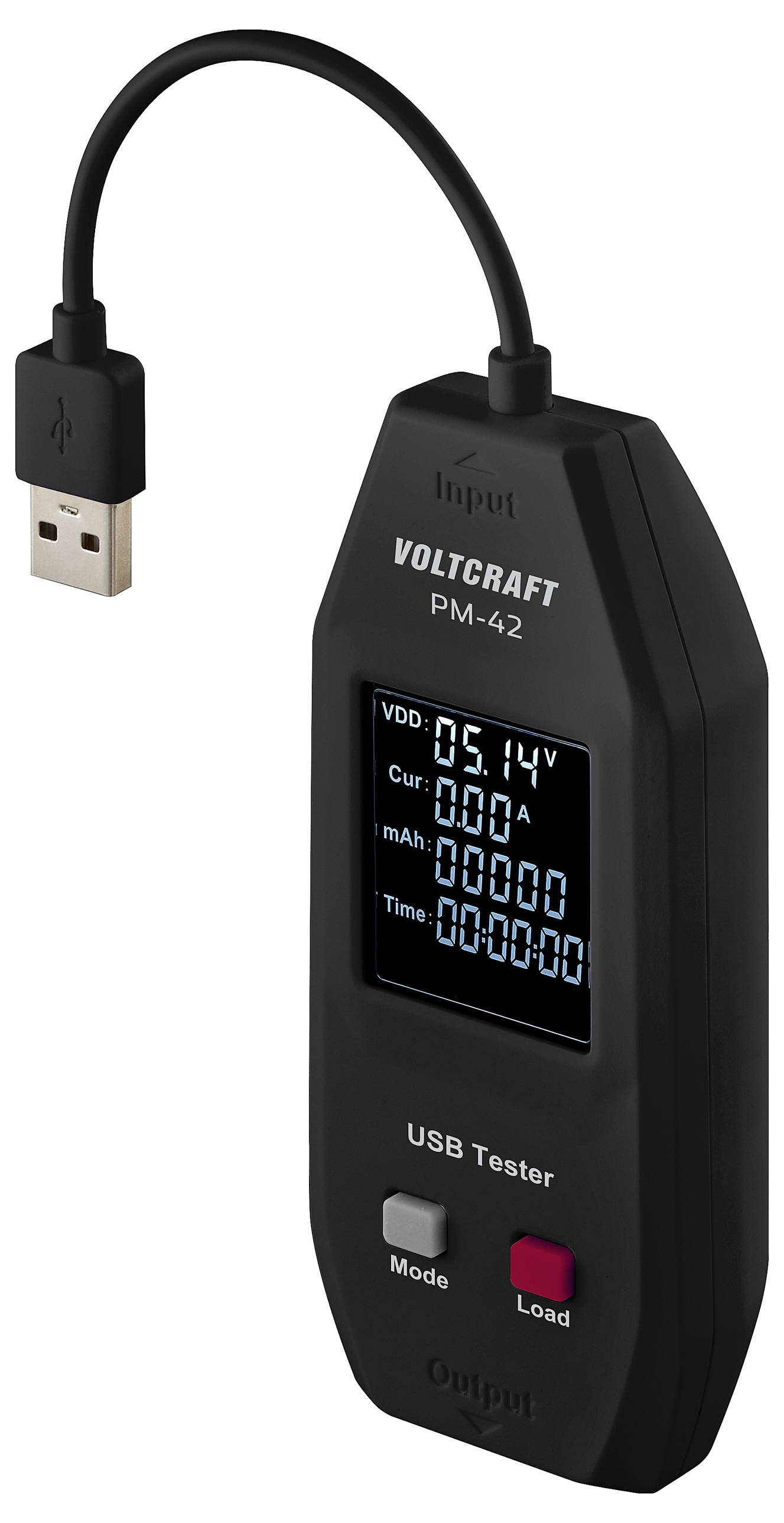 USB tester Voltcraft PM-42 s digitálním displejem zobrazuje napětí 5,14 V, proud 0 A, kapacitu 0 mAh. Disponuje modovým a nabíjecím tlačítkem.