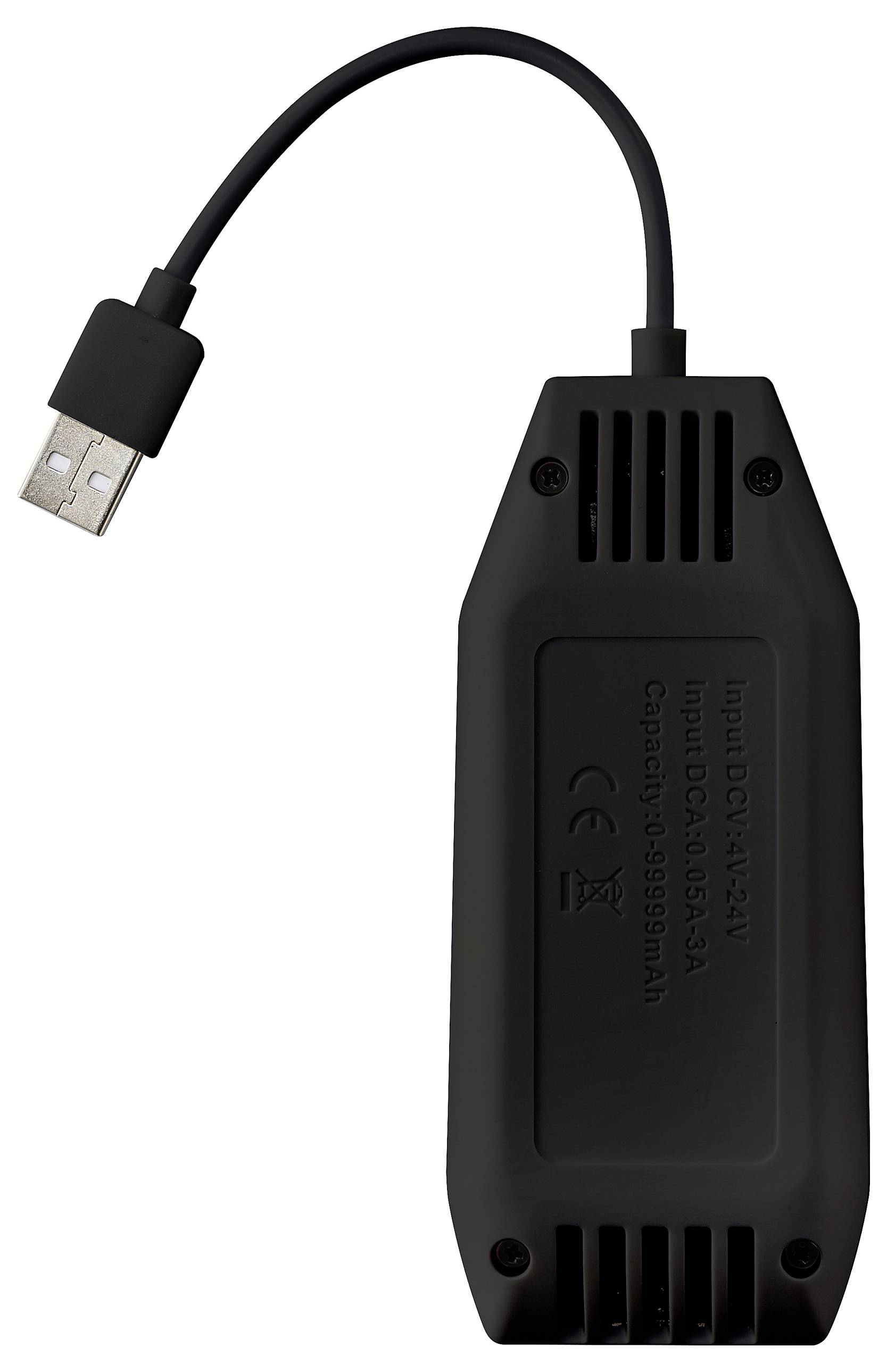 Černé elektronické zařízení s USB kabelem, pravděpodobně nabíjecí adaptér nebo nabíječka s větracími otvory.
