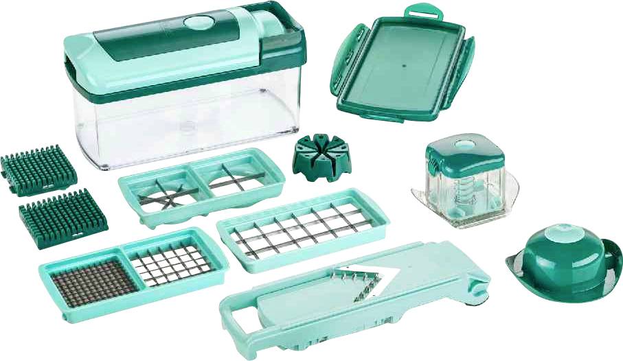 Různé kuchyňské přístroje na krájení a sekání potravin v různých tvarech a velikostech, v tyrkysové barvě.