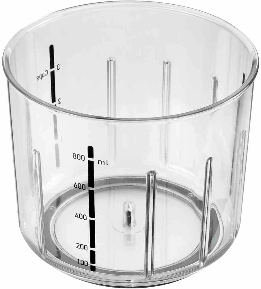 Průhledný měřicí hrnek s označeními pro mililitry (až 800 ml) a šálky (až 3 šálky), ideální pro přesné měření.