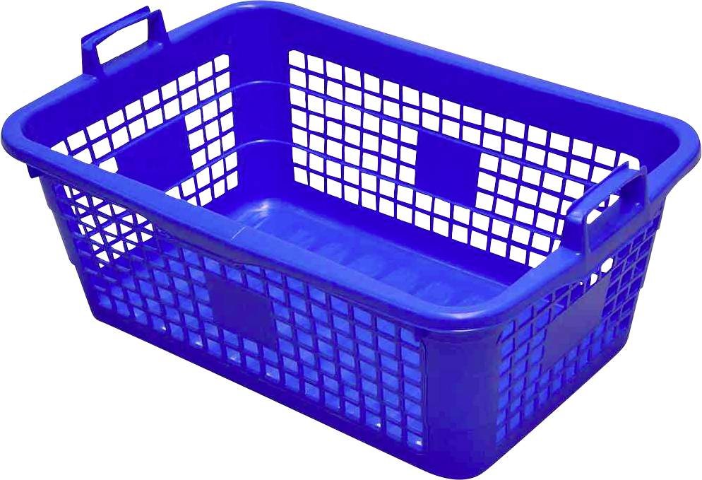 Modrý plastový koš na prádlo s mřížkovanými stěnami a úchyty na obou koncích. Ideální pro přepravu prádla.