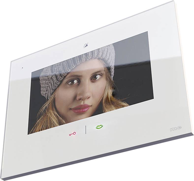 Videotelefon s displejem zobrazujícím detail obličeje osoby. Zařízení obsahuje symboly zámku a reproduktoru.