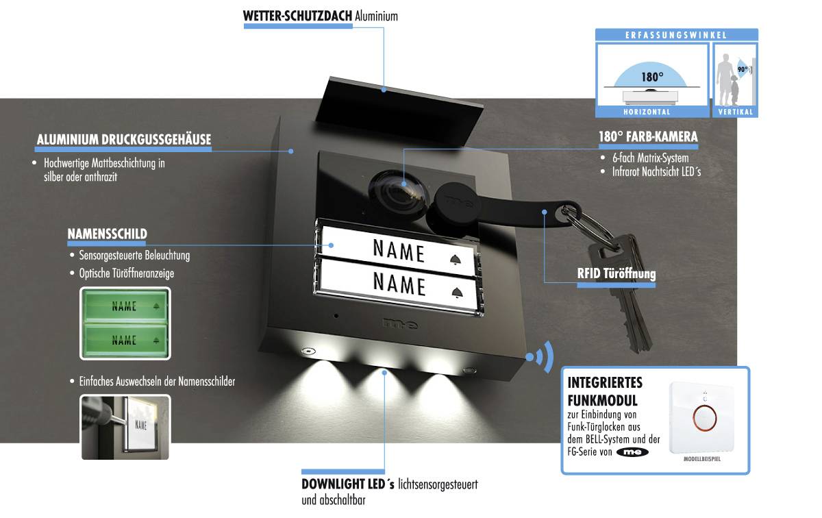 Hliníková dveřní videotelefon s RFID funkcí, kamerou, LED osvětlením, jmenovkou a integrovaným rádiovým modulem pro rozšířený dohled.