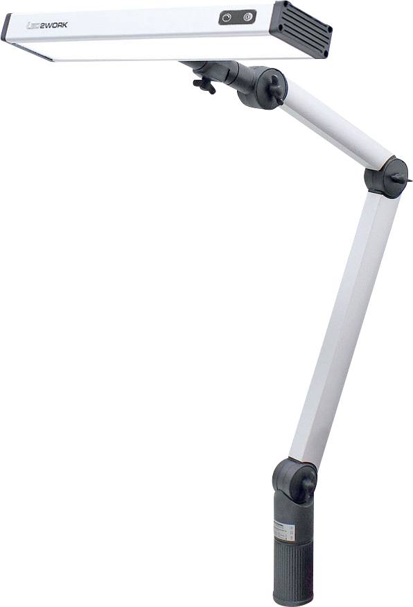 Moderní bílá stolní lampa s nastavitelným kloubovým ramenem a obdélníkovým stínidlem.