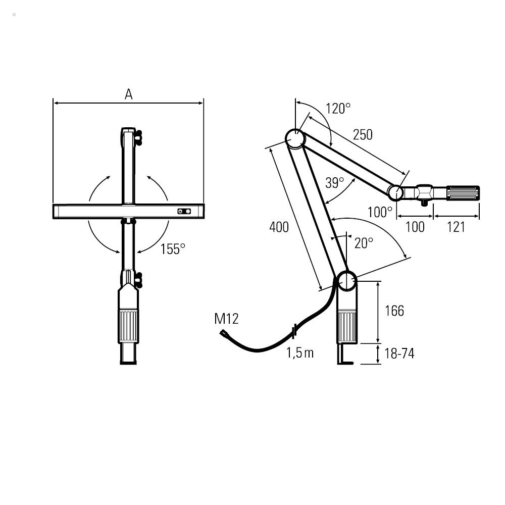 Technický výkres kloubového ramene s rozměry a úhly: délka ramene A, úhel otočení 155°, různé úhly sklonu a kabel 1,5 m.