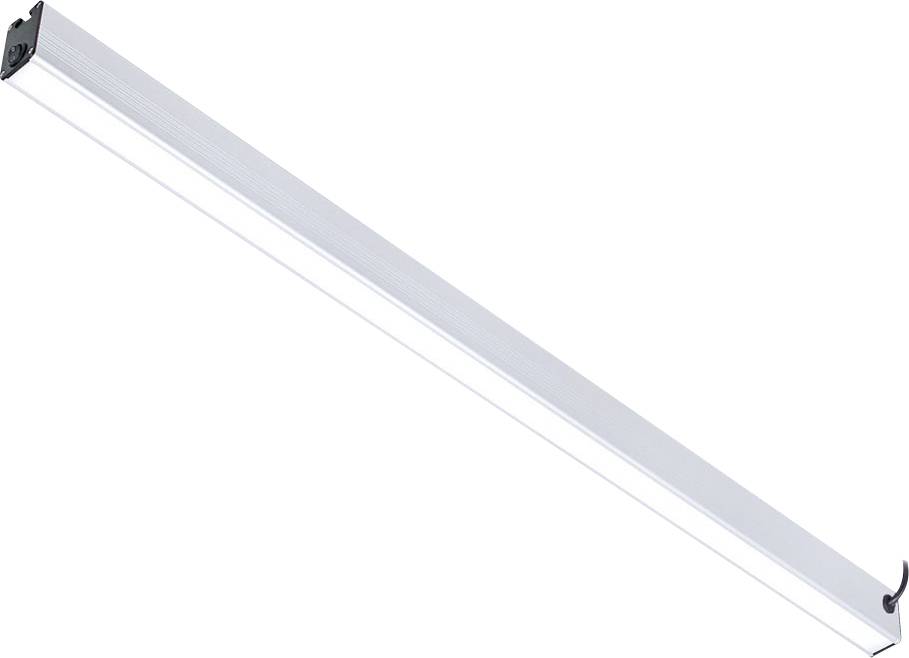 Bílý, štíhlý LED světelný panel s černým koncem, šikmo nasměrovaný vzhůru, ideální pro stropní osvětlení.