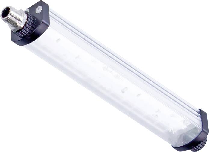 Průhledná, válcovitá LED lampa s černou základnou a připojením, zobrazená v diagonálním pohledu shora zleva dolů doprava.