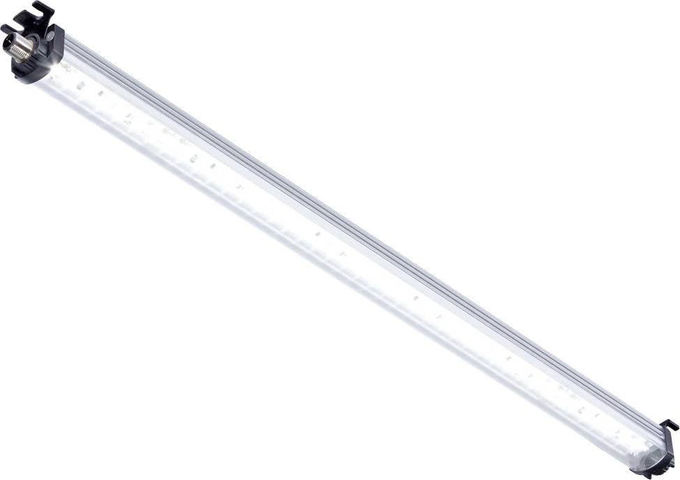 Lineární LED osvětlení s průhledným válcovým krytem a černými koncovkami. Ideální pro vnitřní osvětlení.