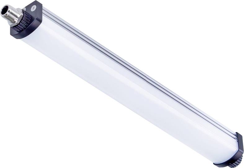 Dlouhá válcovitá LED svítidla s kovovými koncovkami a připojením. Je zobrazeno v mírně šikmém úhlu.