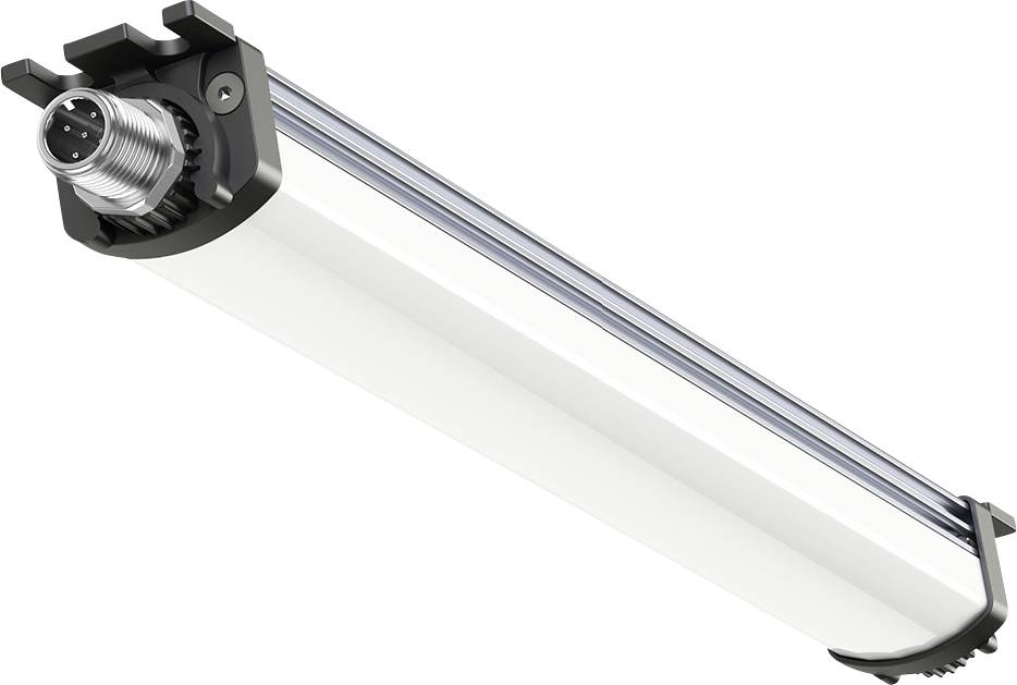LED trubicové svítidlo s hliníkovým tělem a kovovým šroubovým připojením, vhodné pro průmyslové aplikace.