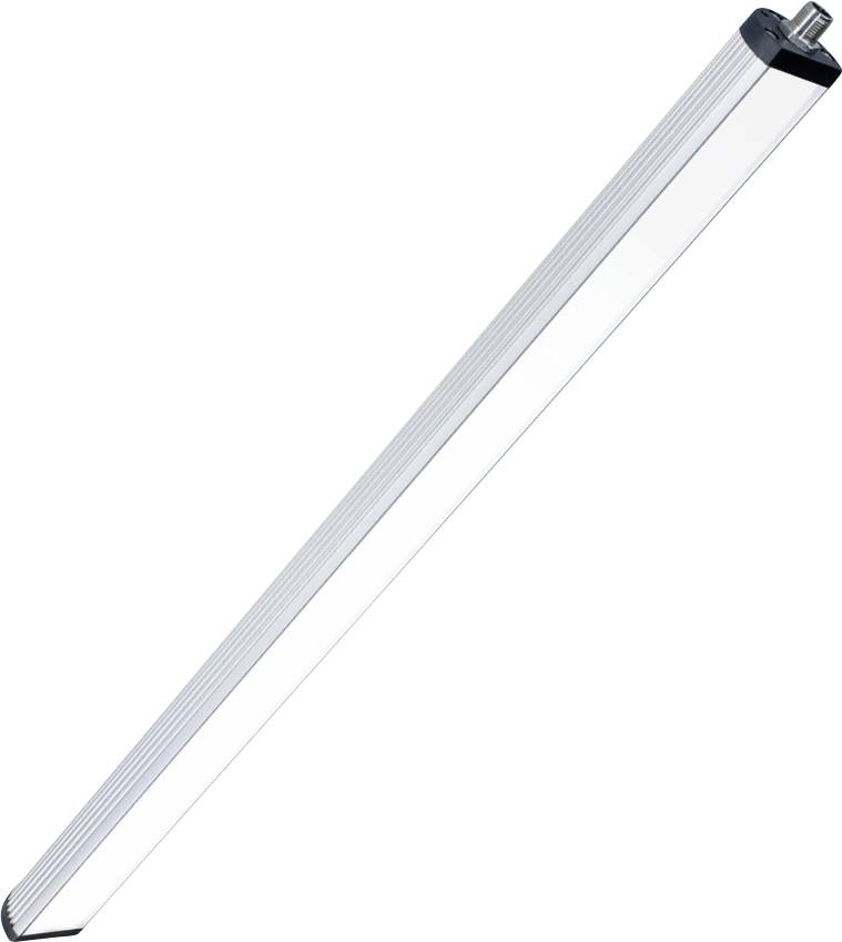 Dlouhé, štíhlé LED světlo v obdélníkovém tvaru s lesklým kovovým rámečkem.