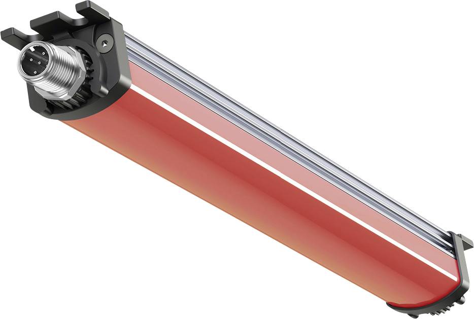 Červená LED svítilna s kovovými připojeními na obou koncích; válcovitý tvar, vhodná pro průmyslové osvětlení.