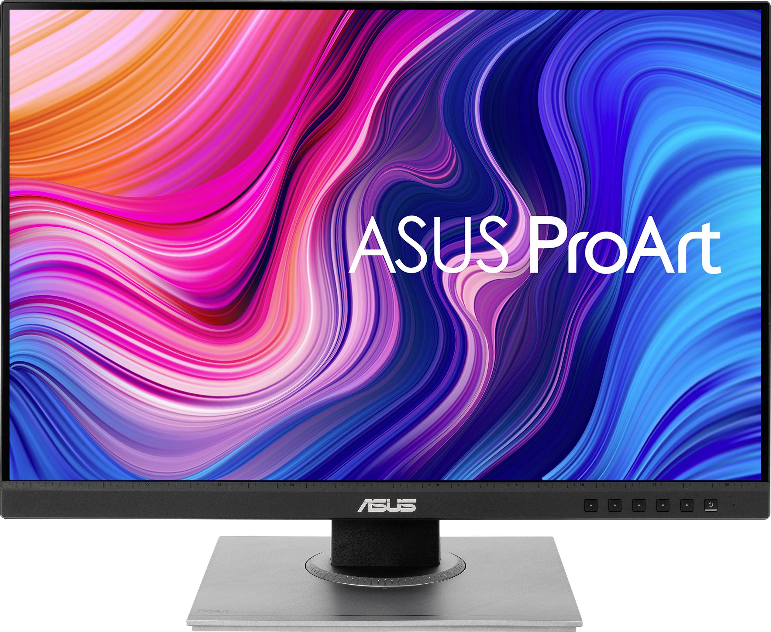 Monitor ASUS ProArt s barevným, zvlněným pozadím a textem 'ASUS ProArt' uprostřed obrazovky.