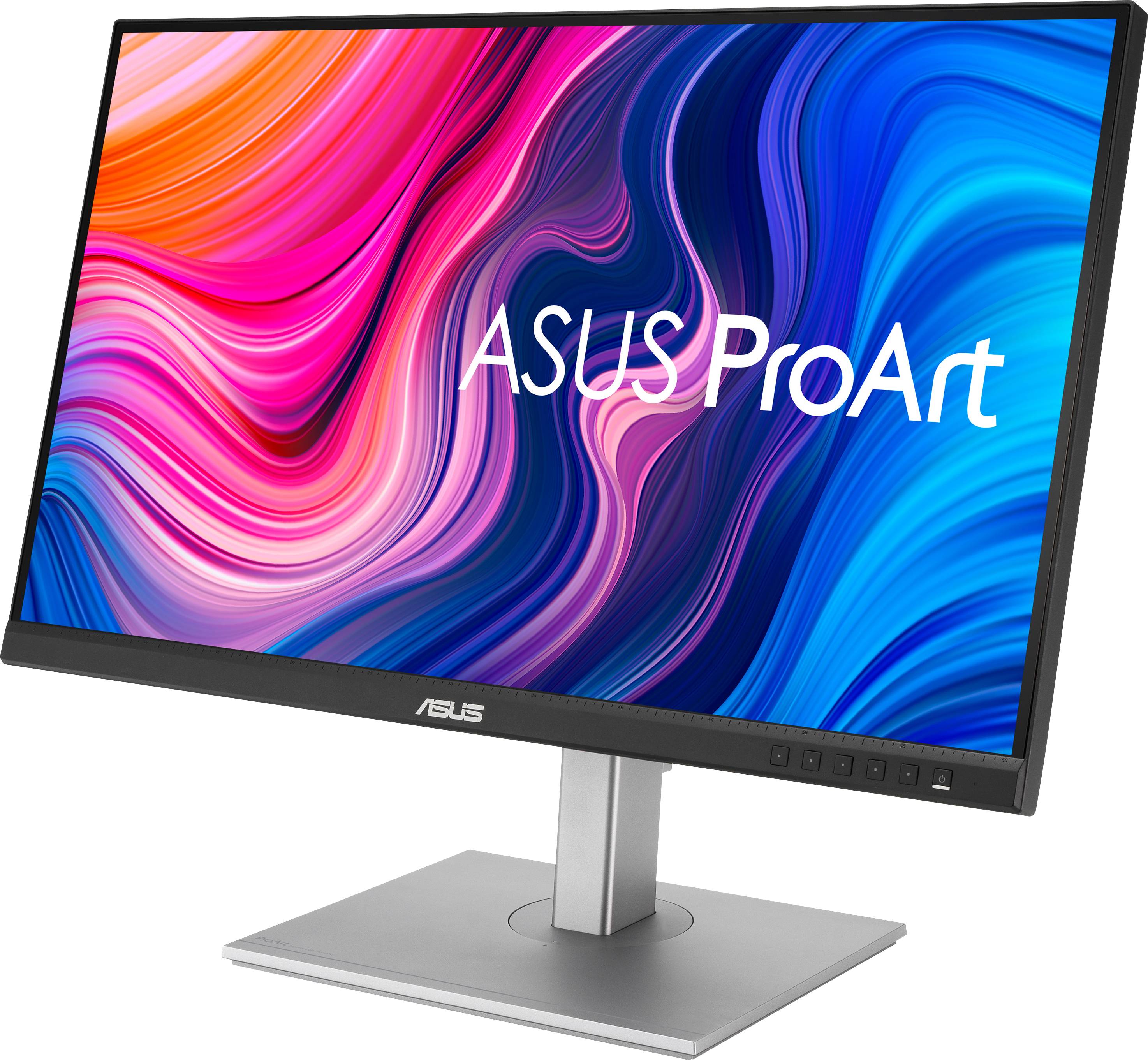 ASUS ProArt monitor s barevným, vlnovitým pozadím na obrazovce.